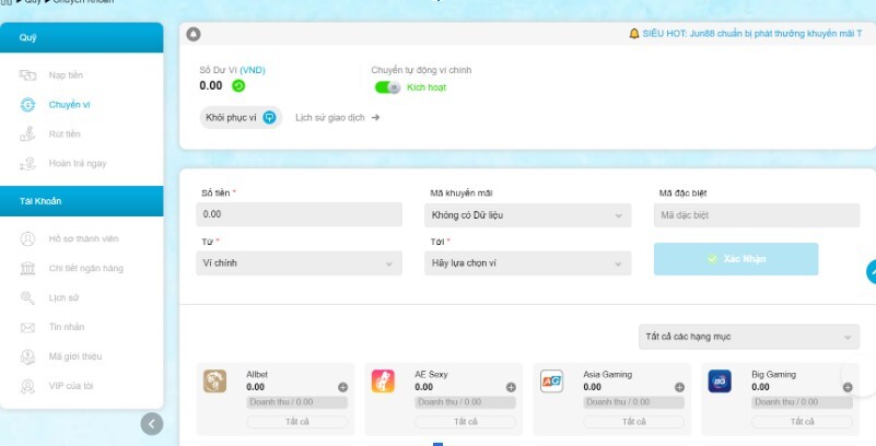 Tiến hành chuyển quỹ tại Jun88